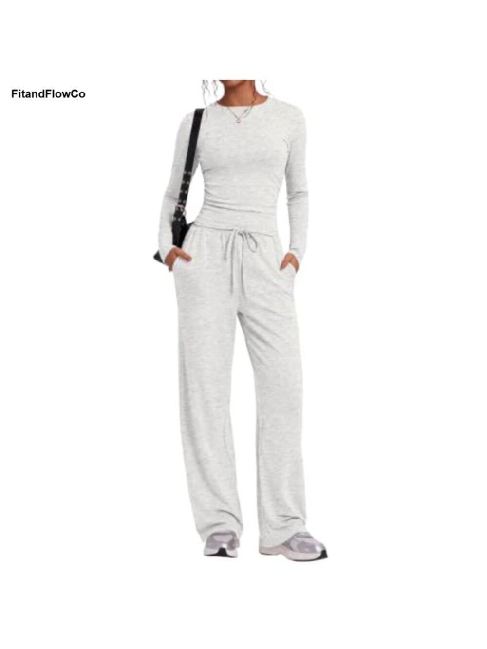 2 Piece Wide Leg Lounge Set Long Sleeve Top Drawstring Pants